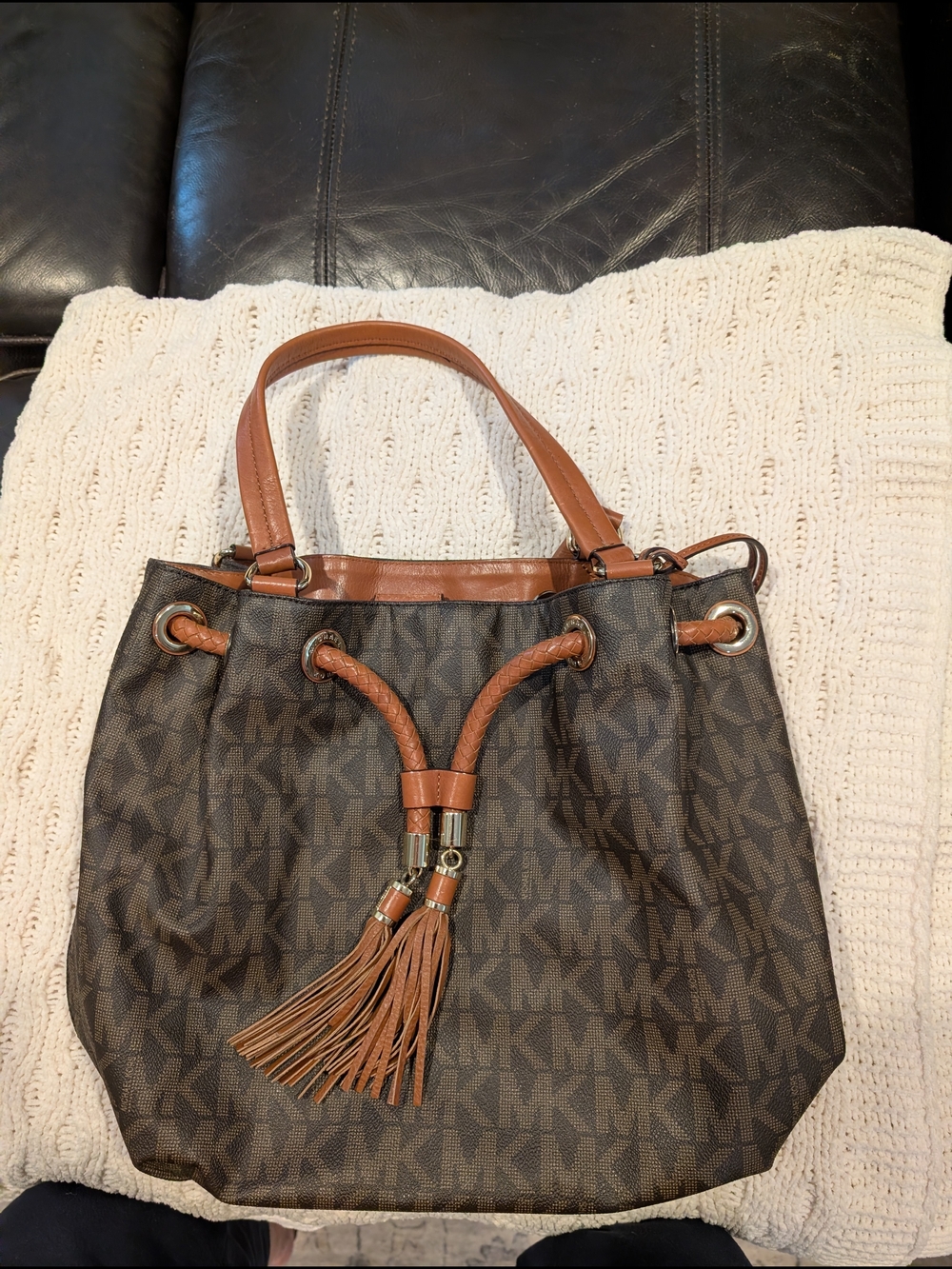 Michael Kors Brown MK Logo Tassel Drawstring Shoulder Bag